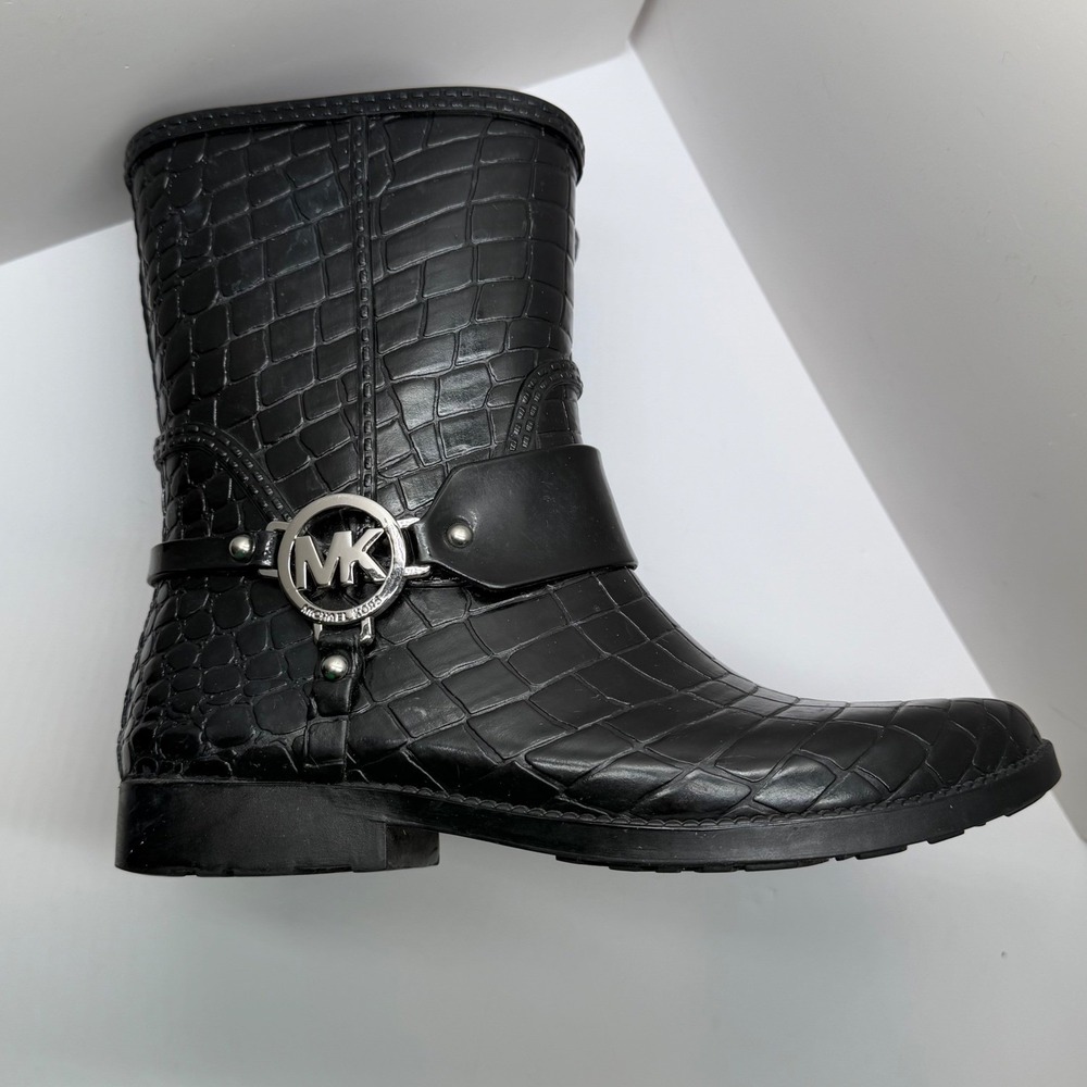Michael Kors Black Croc Embossed Rain Boots Harness MK Logo‎ Womens 7